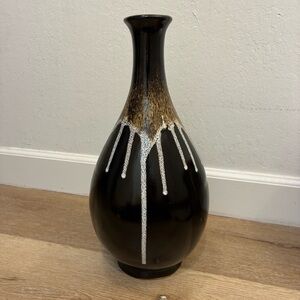 Vintage Signed Studio Pottery Tall Vase Black Drip Glaze Mid Century 16.25 X7.5”